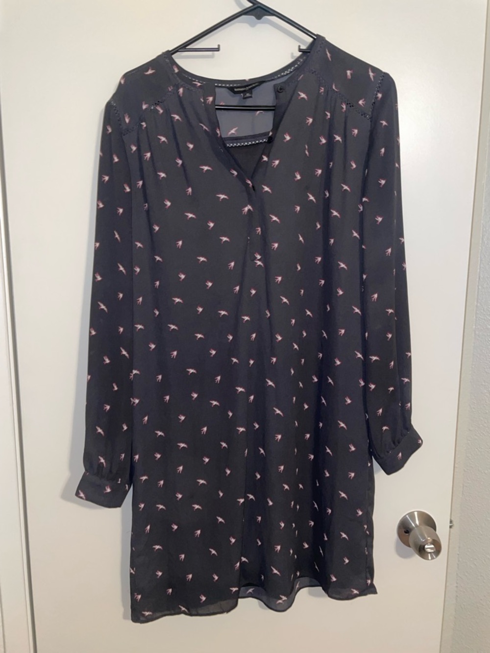 Banana Republic Black Long Sleeve Dress with Pink Bird Motif